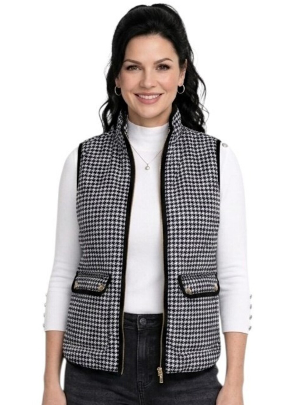 J. Crew Black & White Houndstooth Quilted Zip Front Vest Size XXS